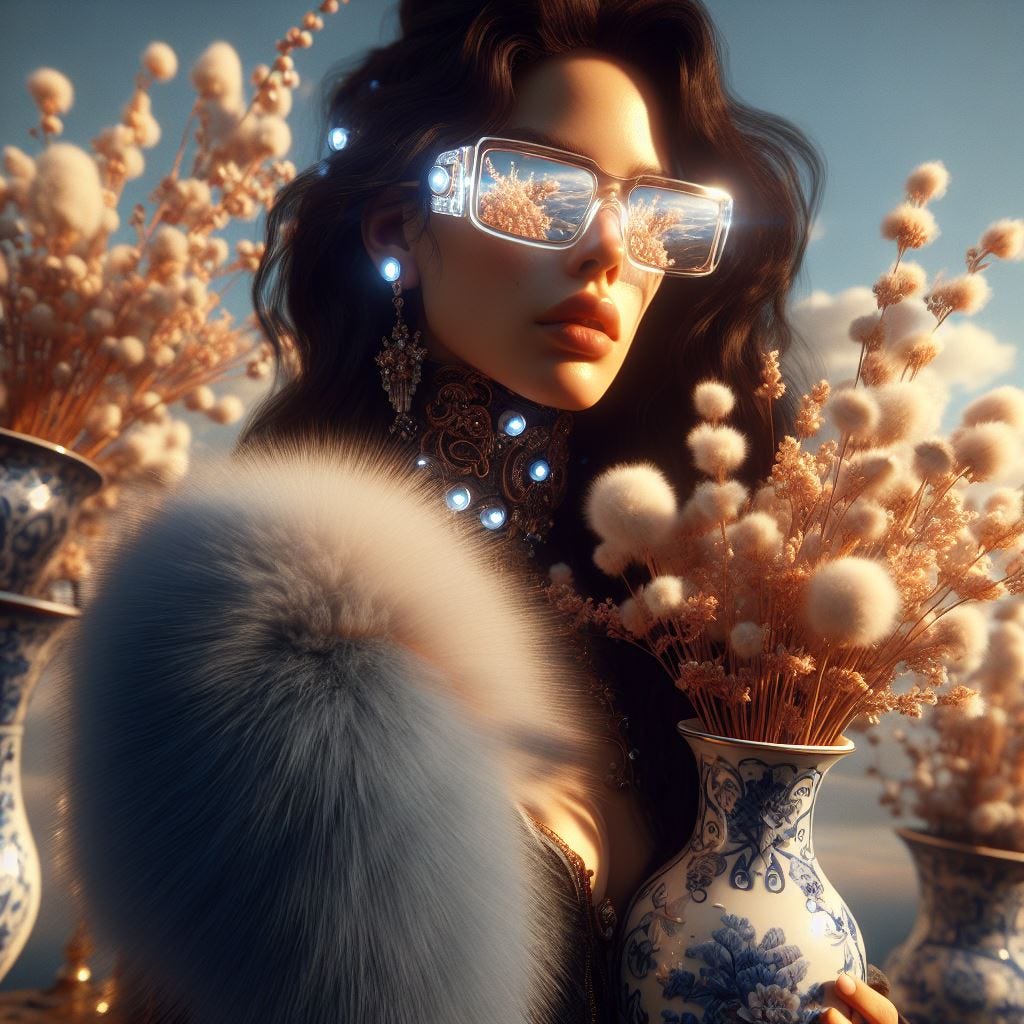 Hyper realistic; tilt shift; Lensbaby Effect: dark haired woman  with transparent lenses. LED Light-Up Shoes /Faux Fur Stole. Wedgwood Jasperware Vases:full of wispy and fluffy flowers and dried flowers. Morrocan tile with rococo details. Crystak sky. .sunny sky, fluffy clouds. Vast distance. sunshower. radiant