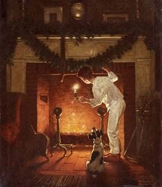 This may contain: a painting of a person and a dog in front of a fire place with christmas decorations