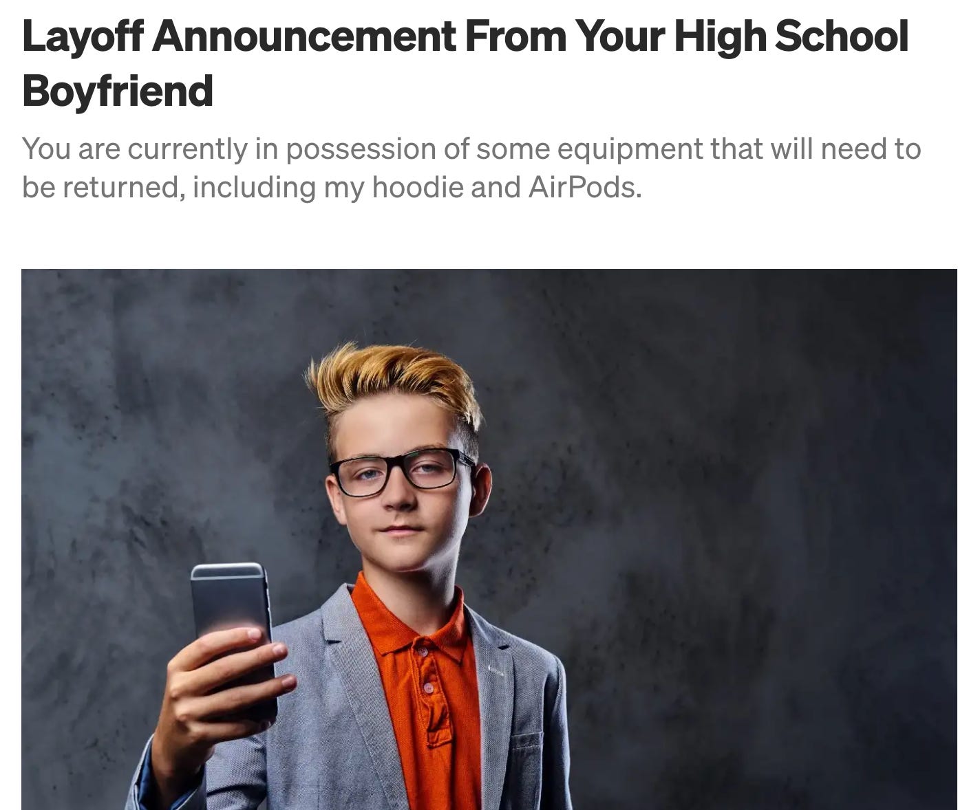 title for satire piece along with image of a smug looking young blond boy with glasses holding a phone and wearing a blazer