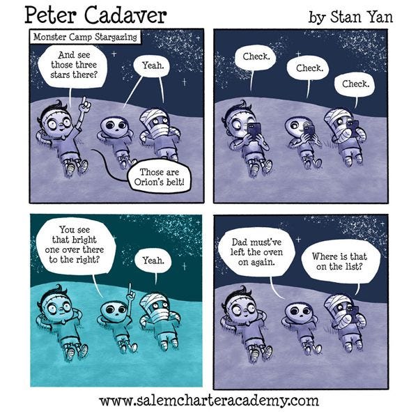 Peter Cadaver, an alien, and a mummy are lying in a field at night stargazing. Peter points out Orion's belt and everyone pulls out their phones to make a check. "You see that bright one over there to the right?" asks the alien. "Dad must've left the oven on again." "Where is that on the list?" asks the mummy.