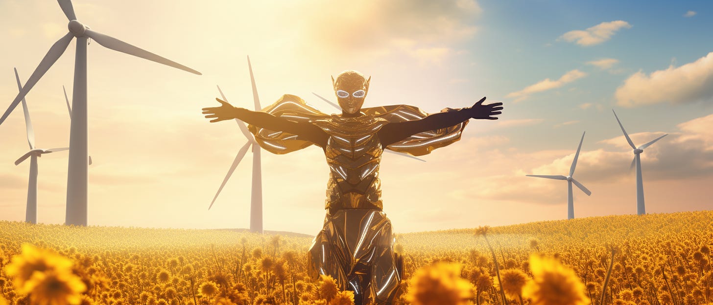 Create a photorealistic image of a mystical superhero flying above a field of wind turbines and solar panels, embodying the power of clean energy to fight against climate change. The hero should be depicted with a human-like face, but with a mystical and otherworldly appearance, with flowing fabric that moves with the wind and patterns that reflect the sun's rays. The hero's body should be composed of sparkling electricity, emphasizing their connection to clean energy sources. They should be shown flying above a vast landscape, with wind turbines and solar panels visible in the background, demonstrating the impact of clean energy on the environment. The image should be shot during the day, with bright, clear skies and vibrant, natural colors. The overall effect should be one of harmony and balance between the superhero and the natural world, with clean energy sources working in harmony with the environment. The wind turbines and solar panels should be highly detailed and accurate, emphasizing the importance of these technologies in the fight against climate change. The image should be composed to create a sense of movement, with the hero flying gracefully above the landscape, surrounded by the energy sources that power their fight against climate change. Shot on a Hasselblad medium format camera. Carl Zeiss Distagon t* 15 mm f/ 2.8 ze, Ricoh r1.