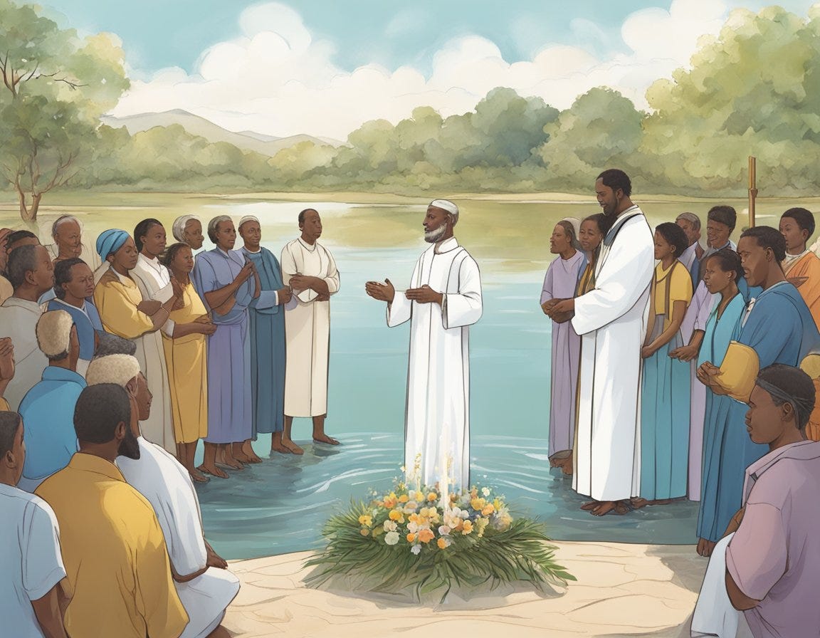 A group of people gather around a body of water, with a minister standing in the center, performing a baptism ceremony. The community looks on, with a sense of reverence and unity