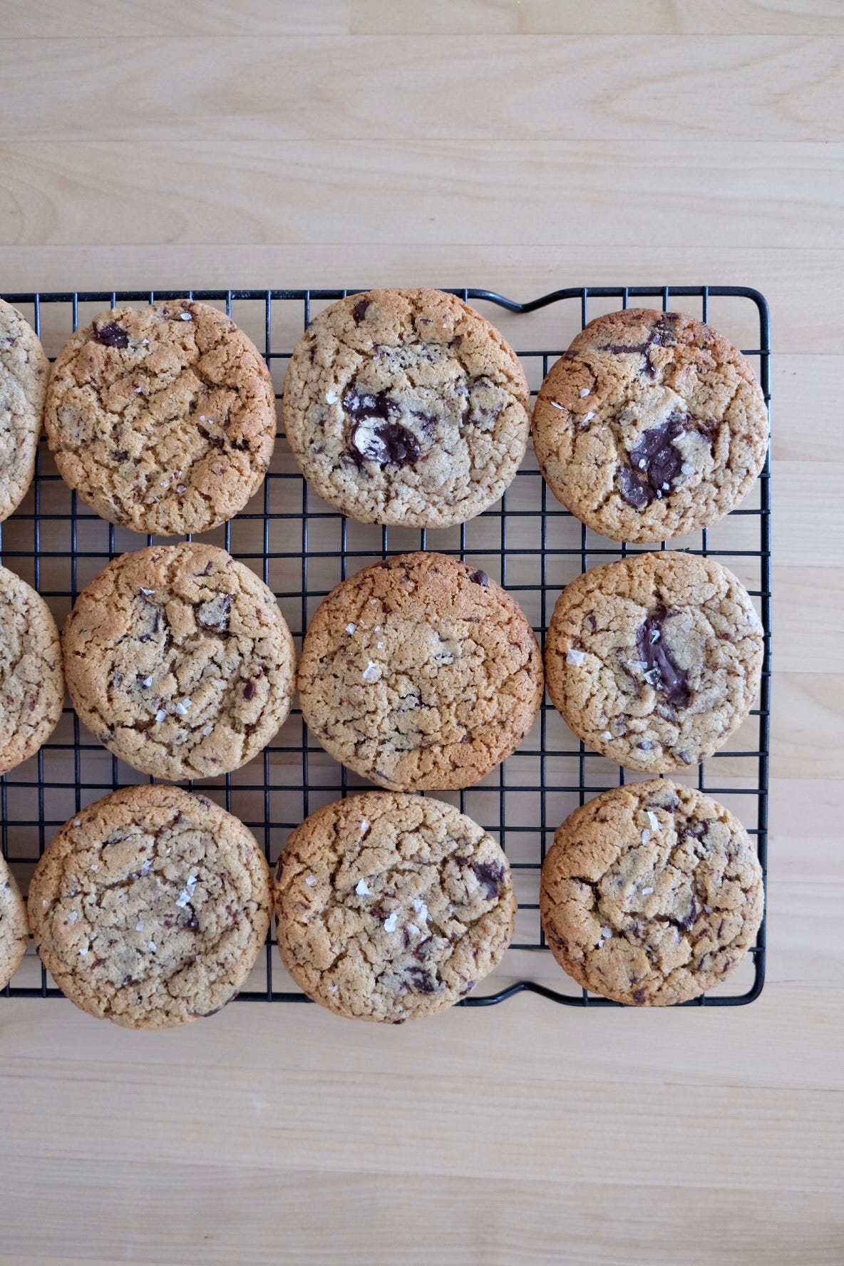 Wire tray of choc chip cookies with sea salt