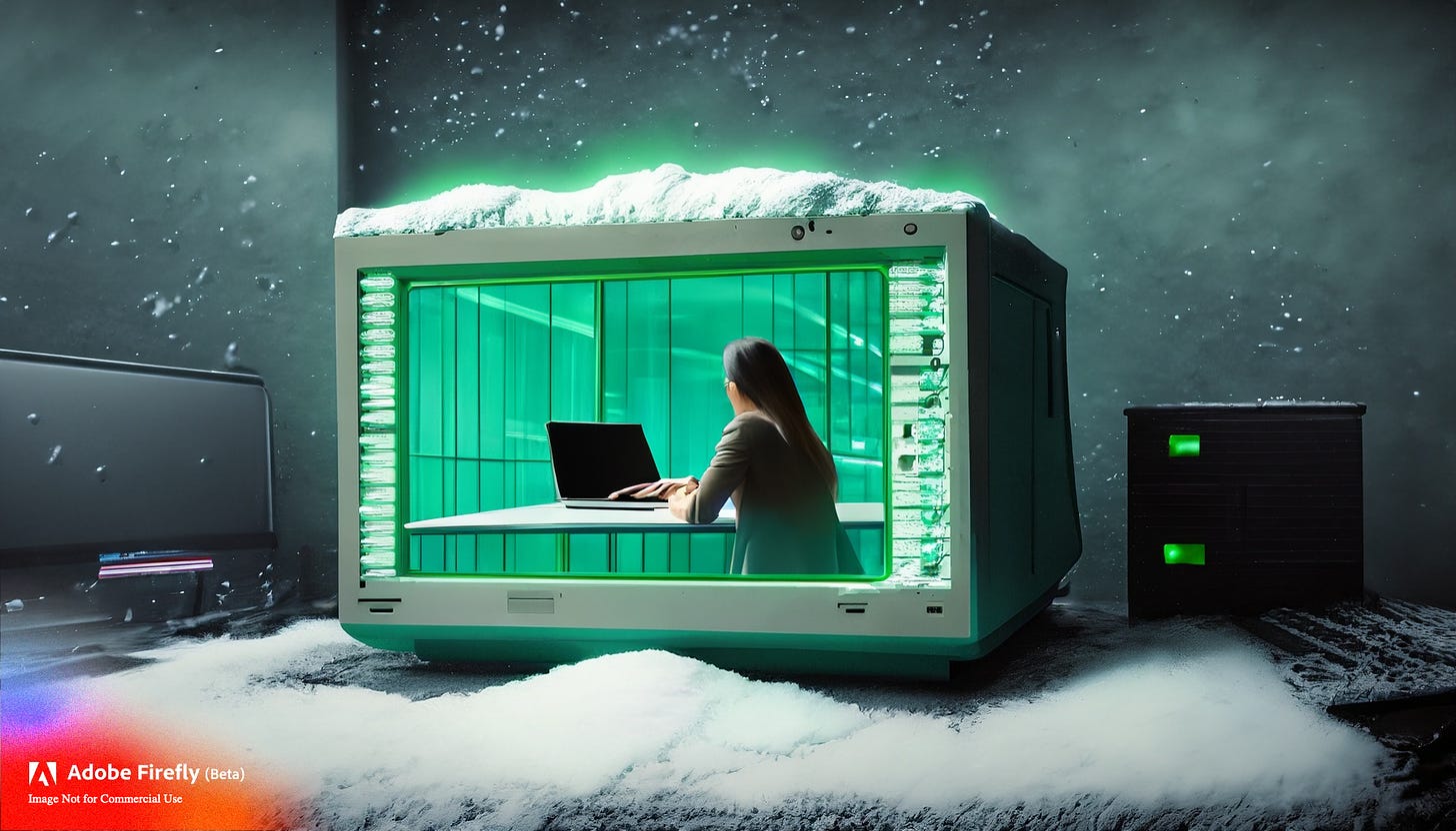 AI-rendered image of an old computer screen covered in snow, and on the screen is an AI-rendered picture of a woman working on a laptop