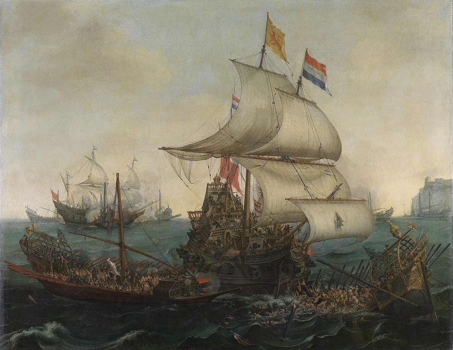 Dutch ships ramming Spanish galleys in the Battle of the Narrow Seas, October 1602