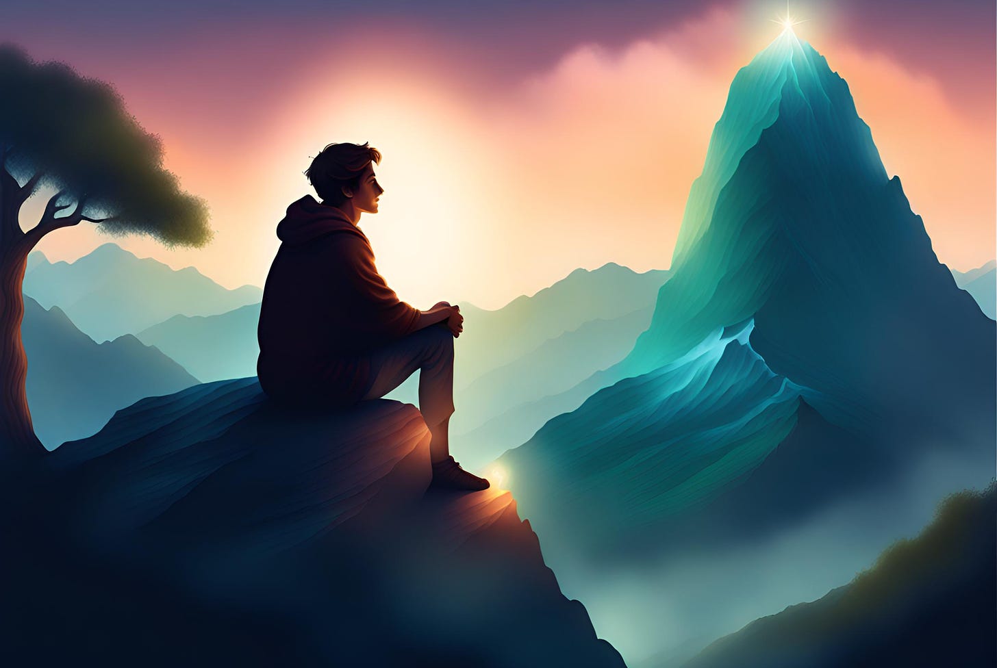 Illustration of a young man sitting at the top of a mountain