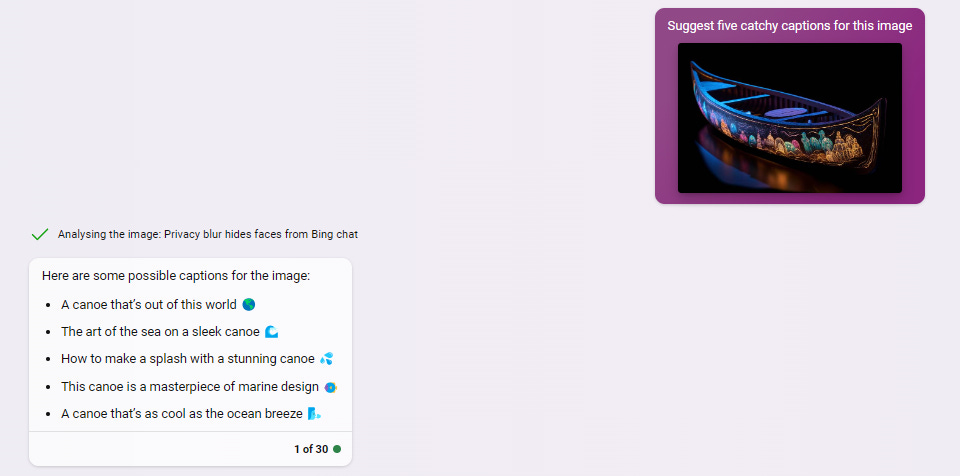 Bing captioning a canoe based on “Suggest five catchy captions for this image.” prompt