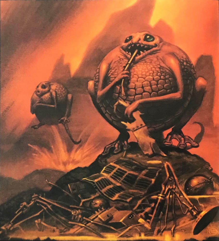 A plump Oucher-Poucher sits on a rock surrounded by the wreckage of a downed space probe. In one hand, it grasps scrapped paneling while drawing a metal rod to its wide mouth. The background and creatures are volcanic orange. Bulbous, it has a scaled belly, big eyes and legs that fold under like a frog. In the background another Outcher-Poucher blasts off with a stream of propulsion coming from its underside. It hugs itself tight in cannonball position.