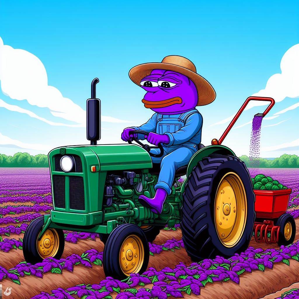 a purple pepe on a tractor tending to his crops