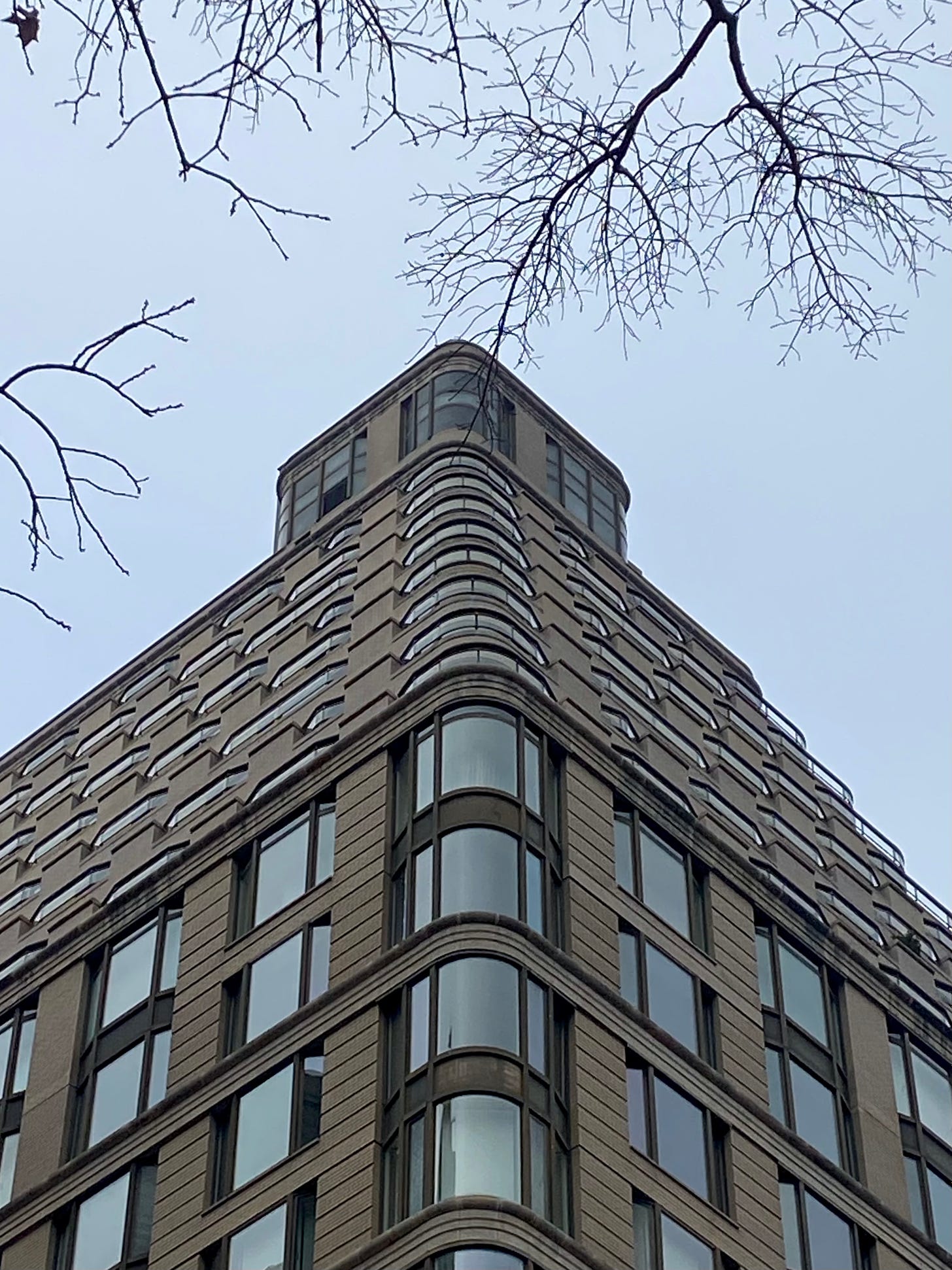 A close-up of the water tower structure that also has matching curved corners.