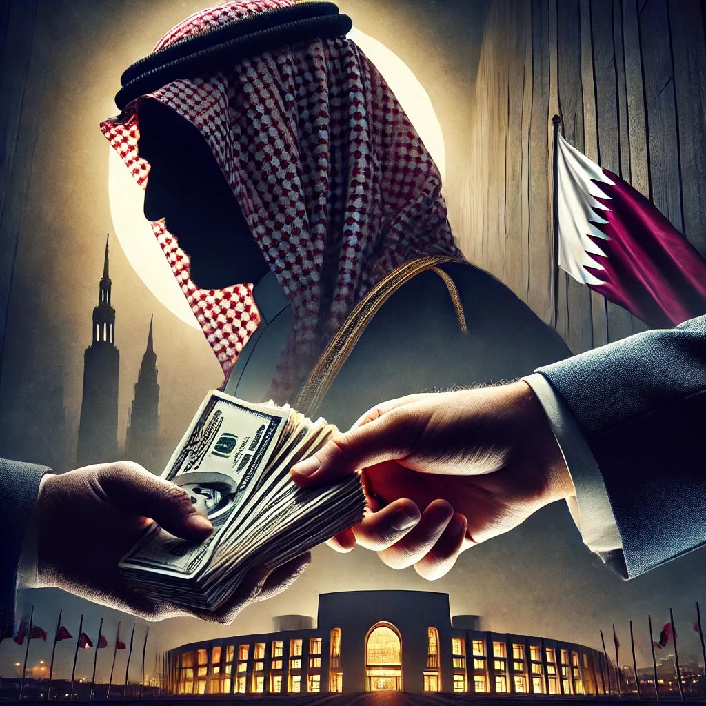 A symbolic digital illustration representing 'Qatargate.' The image features a dramatic close-up of a hand in traditional Qatari attire handing over a stack of cash to a shadowy figure in a dark business suit, symbolizing corruption and secrecy. The background is abstract, with overlapping visuals of the Doha skyline and a European Parliament building, merging themes of international politics and scandal. The lighting is sharp and moody, with strong contrasts and deep shadows, emphasizing the clandestine nature of the act. The cash is prominently detailed, serving as the focal point, while the abstract backdrop heightens the drama. Created using: realistic illustration, sharp details, political symbolism, editorial style, muted color palette, dramatic lighting, and high-definition quality.