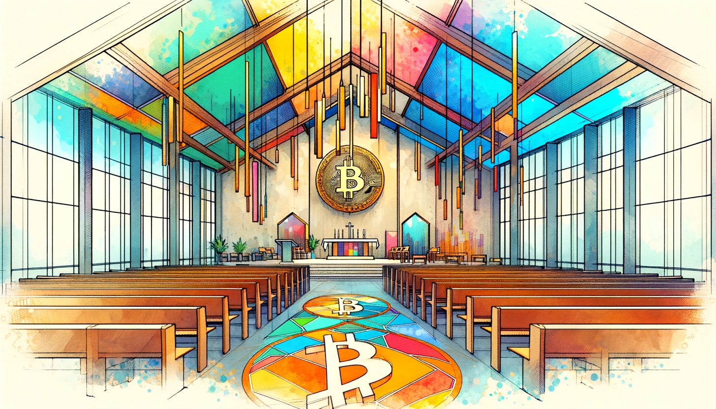 A colorful interior view in the style of a sumi-e watercolor painting, depicting the inside of a modern American non-denominational worship space, imagined as the 'Church of Bitcoin'. The interior should reflect contemporary design, with minimalist and clean lines, infused with vibrant colors. Elements symbolizing Bitcoin and digital currency should be subtly integrated into the interior design, such as in the decorations, stained glass, or other architectural details. The overall aesthetic should blend modern interior design with the artistic nuances of sumi-e, creating a unique and harmonious space.