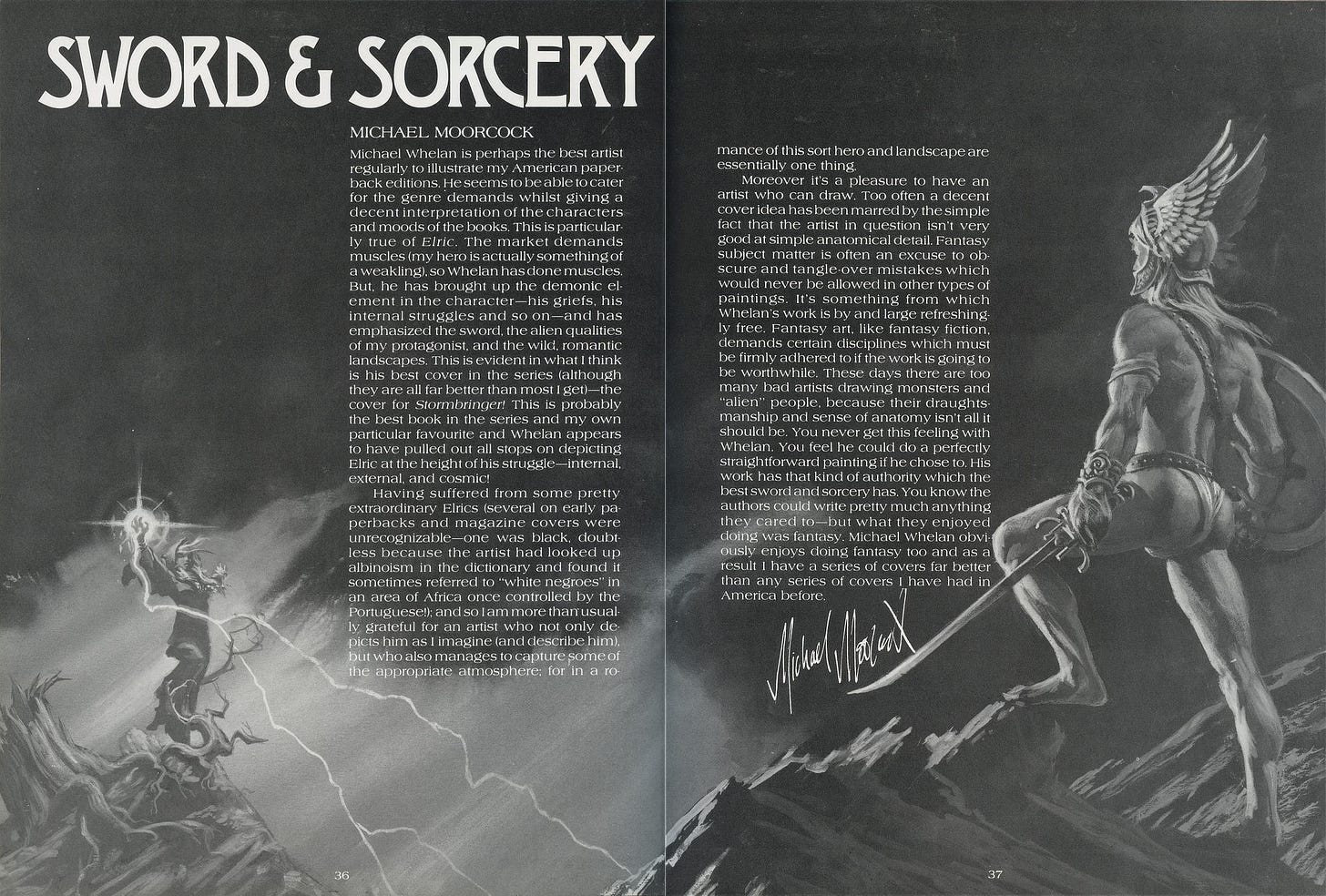 Two page spread from WONDERWORKS titled “Sword & Sorcery” featuring art. In the immediate right foreground is a male warrior with winged helm armed with sword and shield but wearing only a thong. Across from him on the left is a female spellcaster holding up her hand. Lighting forks downward. A text introduction by Michael Moorcock is set in two columns at the middle of the spread.