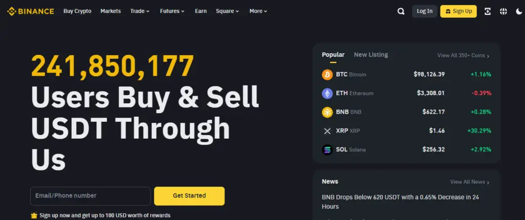 Binance official website home page on a desktop computer