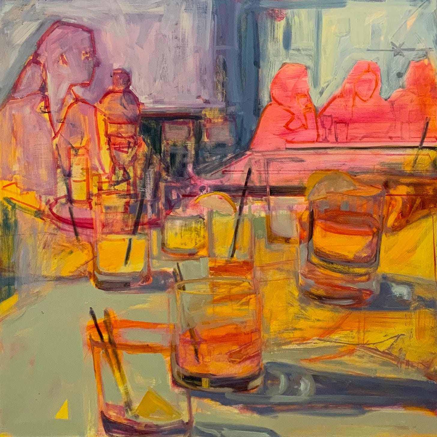 A painting of a table with drinks

Description automatically generated