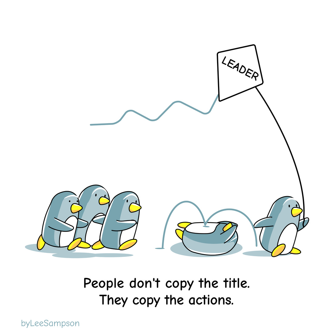 A leadership cartoon featuring penguins highlighting the importance a leader plays in culture by Lee Sampson.