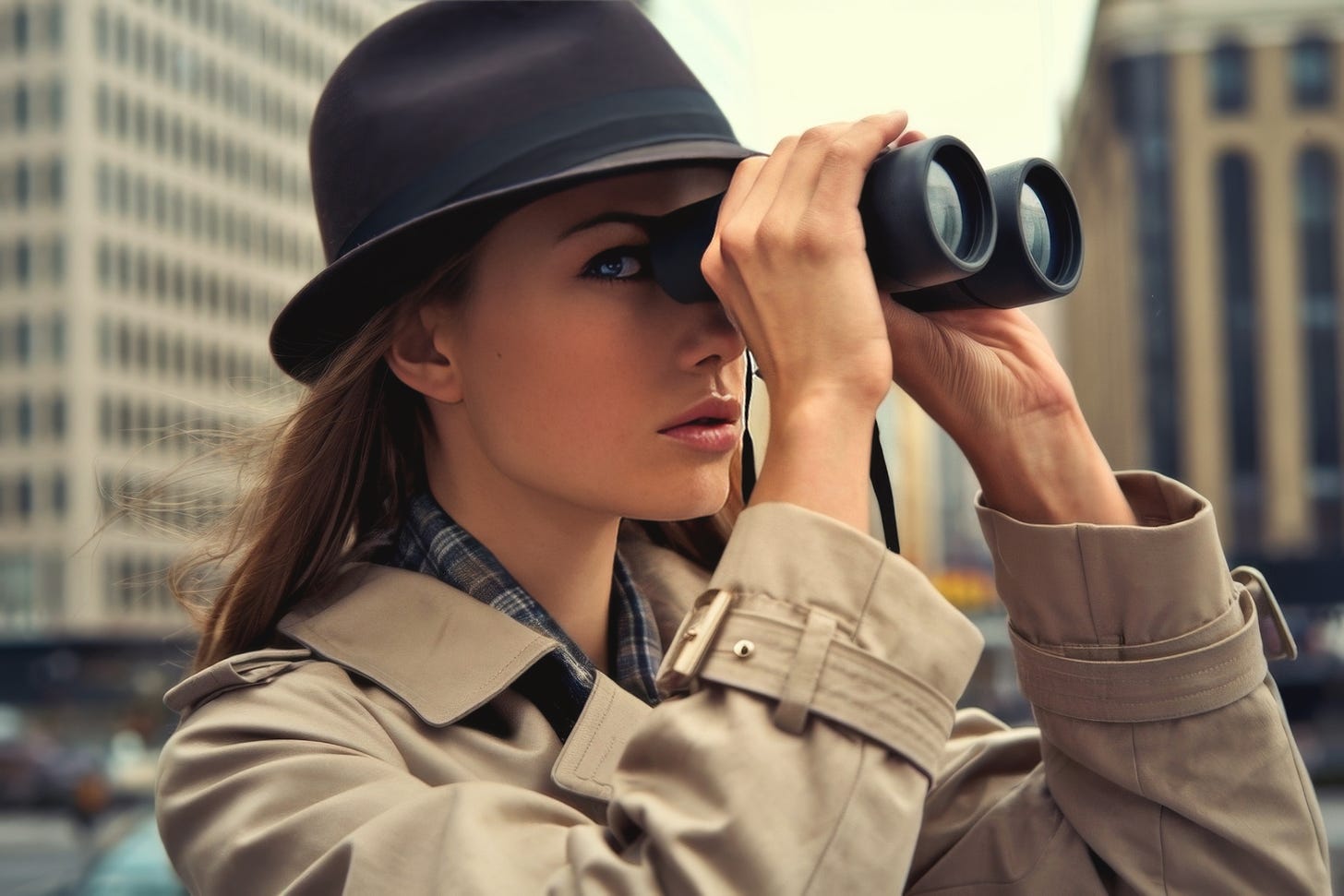 Young woman looking through binoculars.