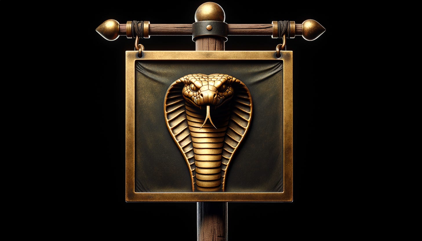 A photorealistic depiction inspired by Numbers 21:5–9, showing a brass cobra head engraved on a rectangular brass plate. The plate hangs from a wooden crossbar by metal hooks, symbolizing the "fiery serpent" created by Moses as instructed by God. The cobra’s hood is flared, its face menacing with forward-facing eyes, a retracted tongue, and a closed mouth. The crossbar, part of a slender wooden pole, has visible grain and metallic accents at the ends. The background is pitch black, isolating the brass plate and pole, representing the divine intervention and healing for the Israelites who looked upon it.