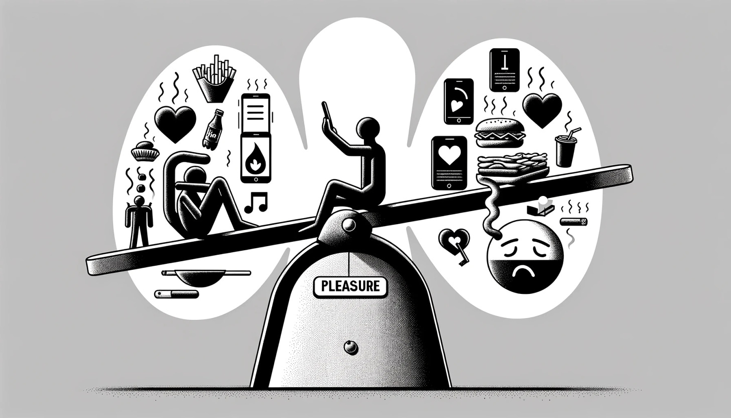 Create a black and white illustration of a seesaw in balance. On the left side, label it 'Pleasure' at the bottom and depict a figure in an active pose with modern icons around it such as a smartphone, a tablet, a heart, a music note symbol, and a 'like' icon to represent social media engagement. On the right side, label it 'Pain' at the bottom and show a figure in a sedentary pose with icons like a fast-food bag, a soda can, a cigarette, and a person with a frown looking at a computer screen. The icons should be floating above the seesaw on their respective sides, indicating a balance between pleasure and pain with the inclusion of modern digital life elements. The seesaw should be set against a clean white background.