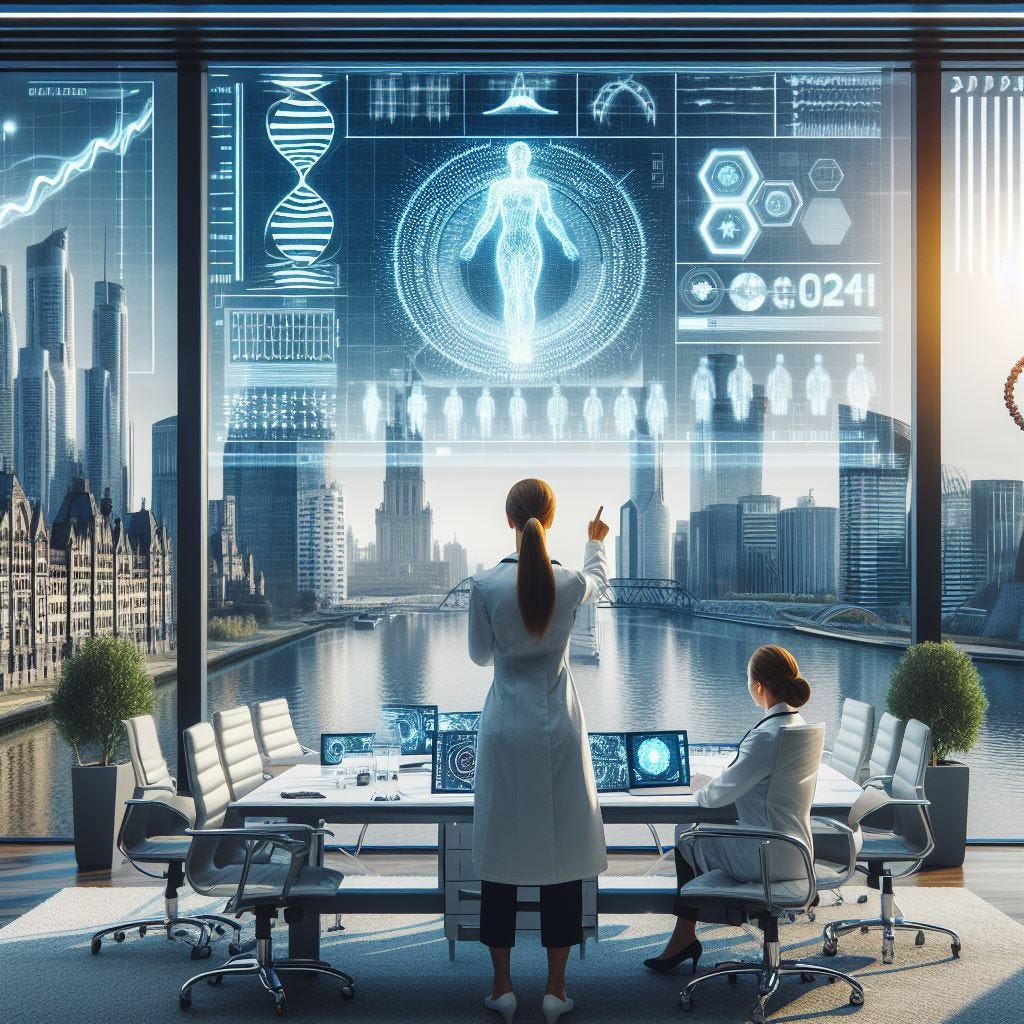 polish women doctor showing genetic sequence on a screen in a futuristic penthouse conference room overlooking a river, solarpunk, year 2050