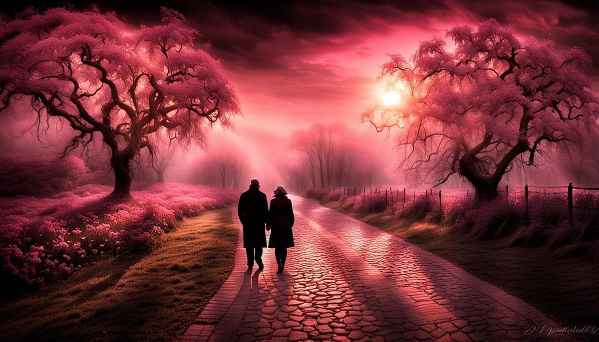 2 lovers walk holding hands, in sunset