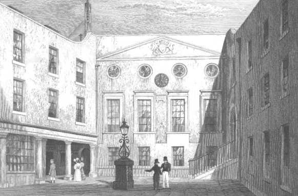 A black and white illustration of a courtyard enclosed on three sides by a 3-storey building with Georgian sash windows. There is also a row of round windows at the top of the wall opposite the viewer.