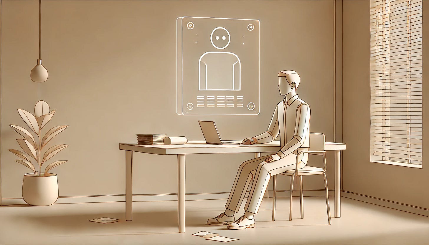 A wide, minimalist composition in beige tones, depicting a person sitting at a simple rectangular desk with scattered papers and a sleek laptop. The person has a relaxed posture, with one hand resting on the desk while calmly observing a hovering, semi-transparent rectangular holographic AI assistant. The assistant displays minimal glowing symbols, providing a futuristic yet approachable feel. The scene is rendered in clean, straightforward line art with subtle art deco influences. Even, indirect natural lighting softly illuminates the space, enhancing the warm and minimalist aesthetic.