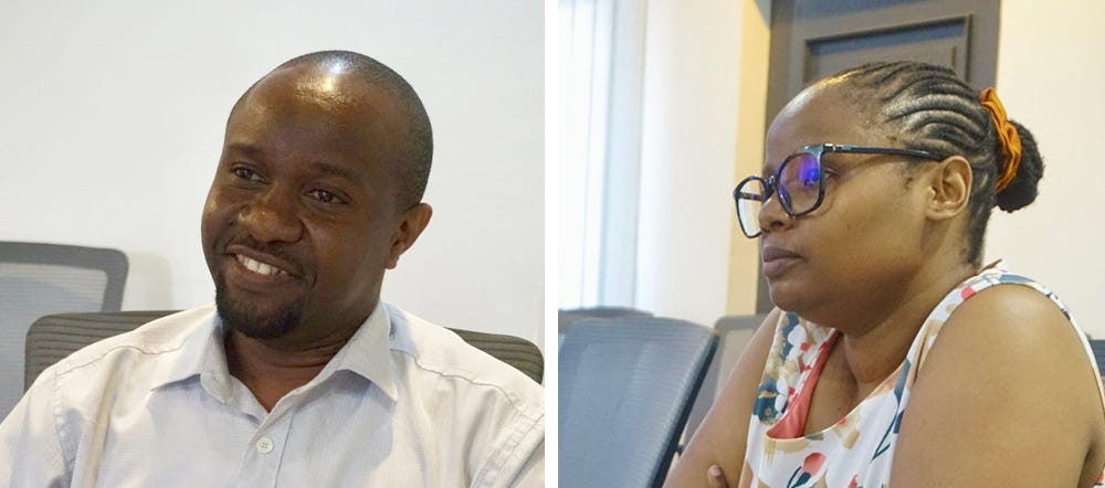Two side-by-side images of professionals in an office setting. On the left, a smiling Black man in a white button-up shirt sits in a gray office chair. On the right, a Black woman with glasses and cornrow hairstyle sits in a similar gray office chair, looking thoughtfully to the side. Both images have a neutral, light-colored background with a window or door visible.