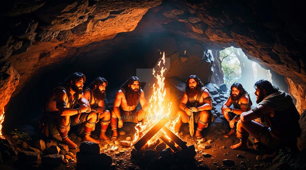 Cavemen sitting around a campfire