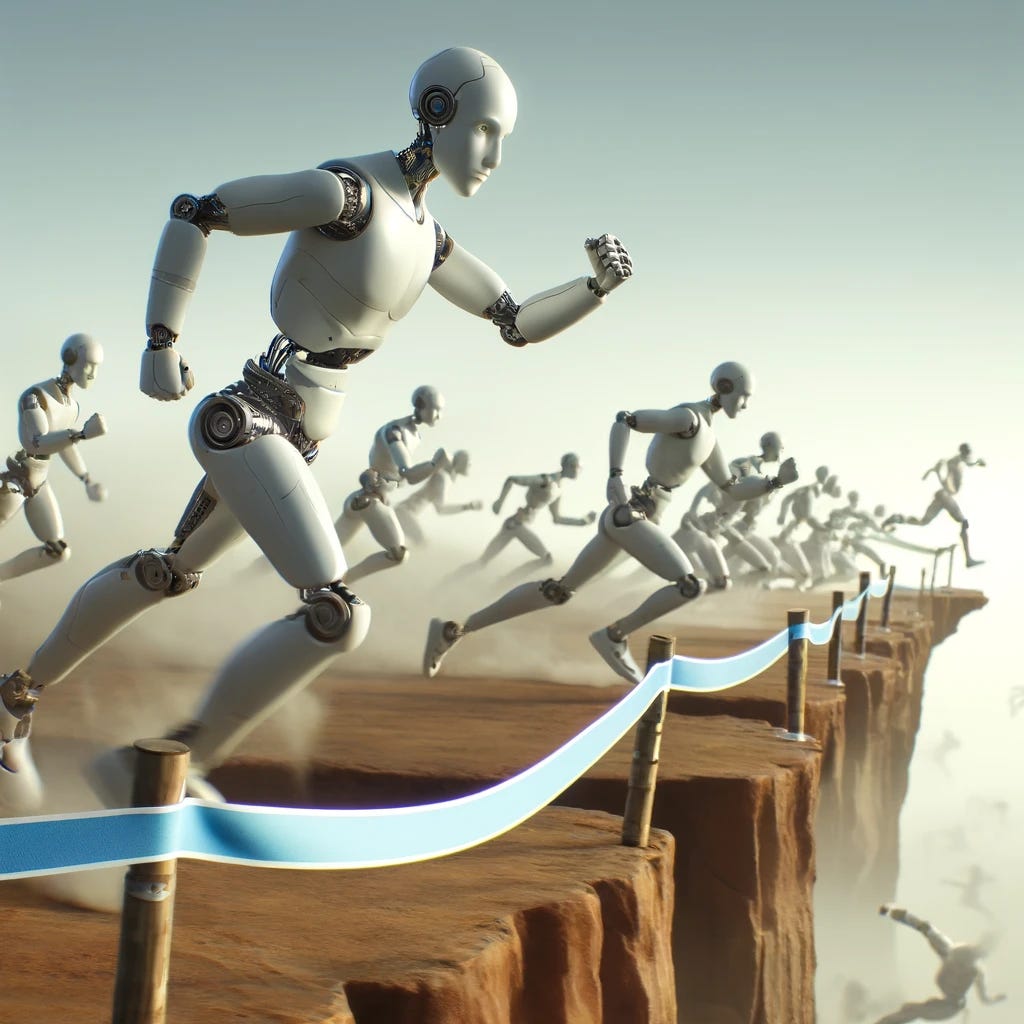 A scene with humanoid robots in the style of iRobot, representing language learning models (LLMs), racing towards and across a finish line marked by a ribbon. Immediately after the finish line, there is a cliff from which some robots are falling off, emphasizing the risk and challenge of the race. This should be a blend of animated and realistic styles, showing the robots in dynamic motion, with a futuristic and intense atmosphere. The focus should be on the dramatic moment where the robots cross the finish line and some fall off the cliff.
