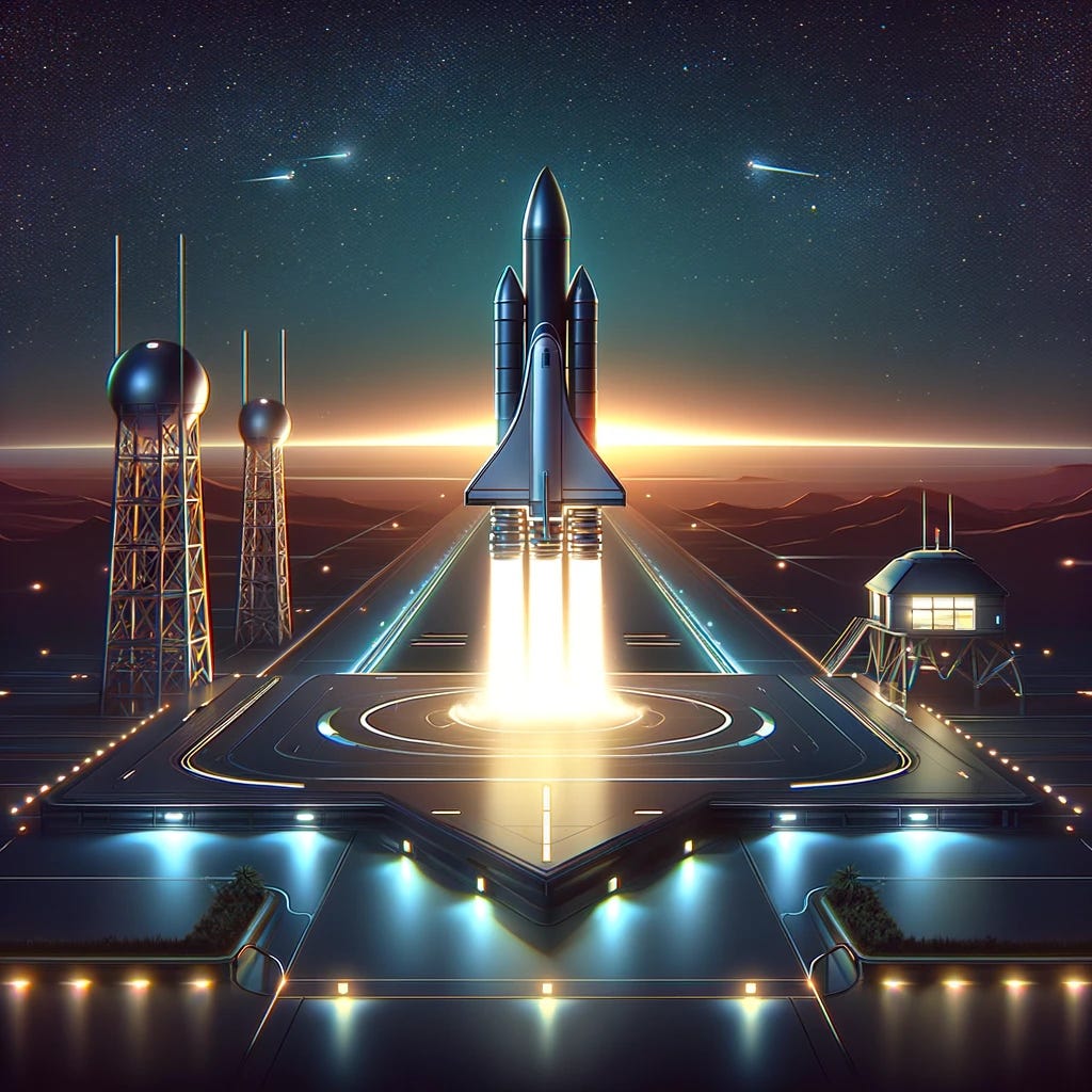 Illustration of a futuristic launchpad with a sleek design, showcasing a rocket preparing for liftoff. The scene is set at dusk, with the horizon glowing softly in the background. The launchpad is equipped with advanced technology, and there's a control tower visible with blinking lights. The rocket itself is sleek and modern, symbolizing innovation and the journey to explore new frontiers. This image should capture the essence of launching into new ventures, embodying the spirit of exploration and the excitement of embarking on new projects.