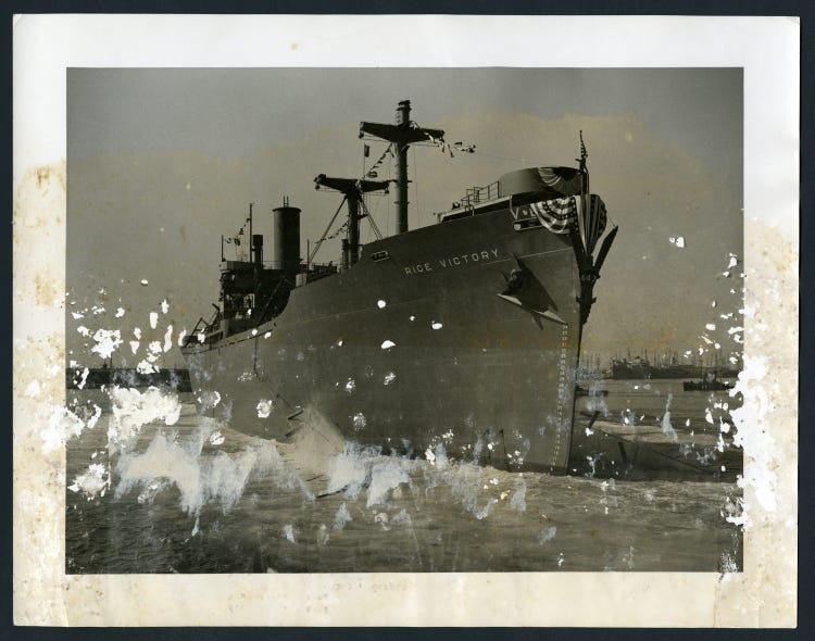 S.S. Rice Victory in Los Angeles Harbor after christening by Mrs. Walt  Disney