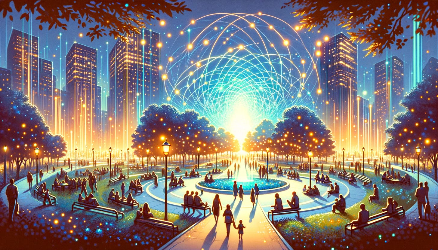 depiction of a gathering in a park, emphasizing the beautification of the commons through the integration of a glowing data network. The scene should further enhance the visual metaphor of personal data weaving through communal and natural spaces, enriching the park setting with a harmonious blend of technology and environment. This version should deepen the sense of community and unity among the diverse group of people, surrounded by the technological yet natural beauty of the data network. The park should appear as a serene and vibrant space where the digital and the organic coalesce, highlighting the potential of personal data to beautify and benefit the common spaces we share. The aesthetic should be clean, vibrant, and full of life, capturing the optimism of enhancing communal spaces with the power of data.