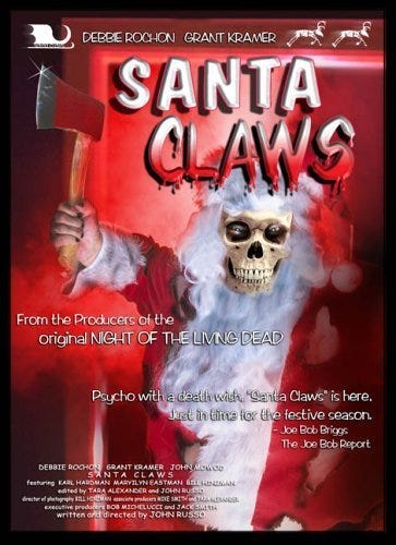 Poster for the horror film Santa Claws, featuring a skeleton in a Father Christmas costume wielding an axe