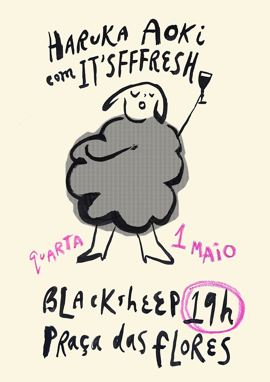 poster for an art show on May 1 that features an illustration of a black sheep holding up a glass of wine