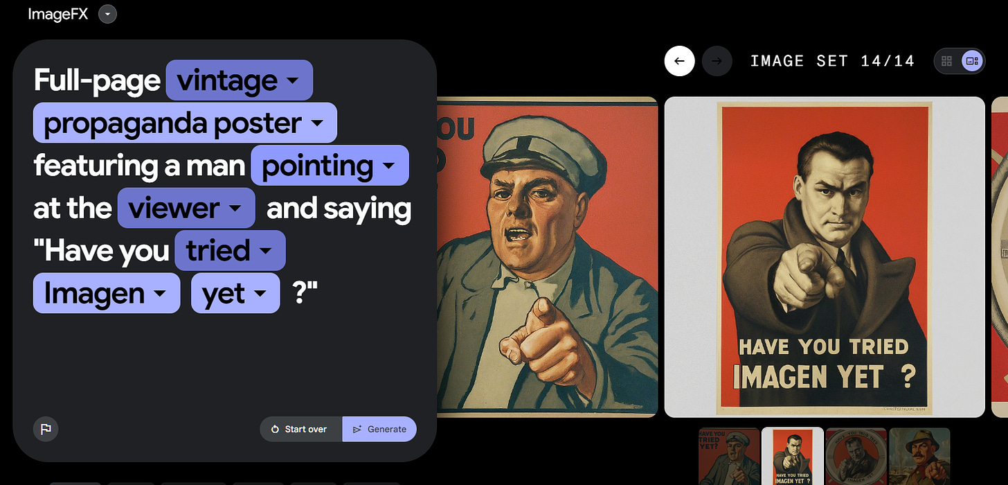 Imagen 2 result for a vintage propaganda poster of a man pointing at the viewer,  saying "Have you tried Imagen yet?"