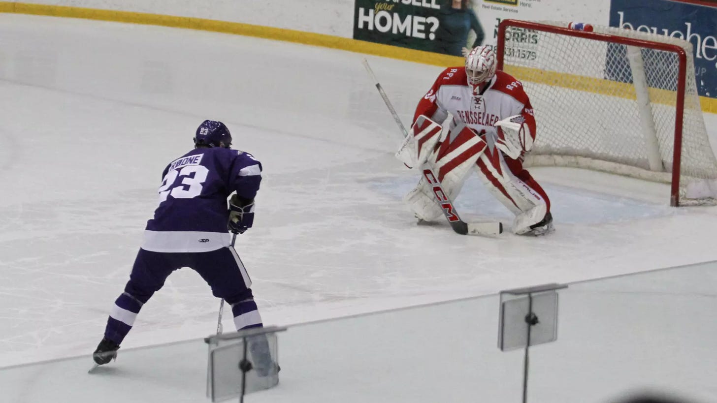 Jack Watson of the RPI men's hockey team in action against Niagara University on Friday, October 19, 2024 in Houston Field House in Troy, New York