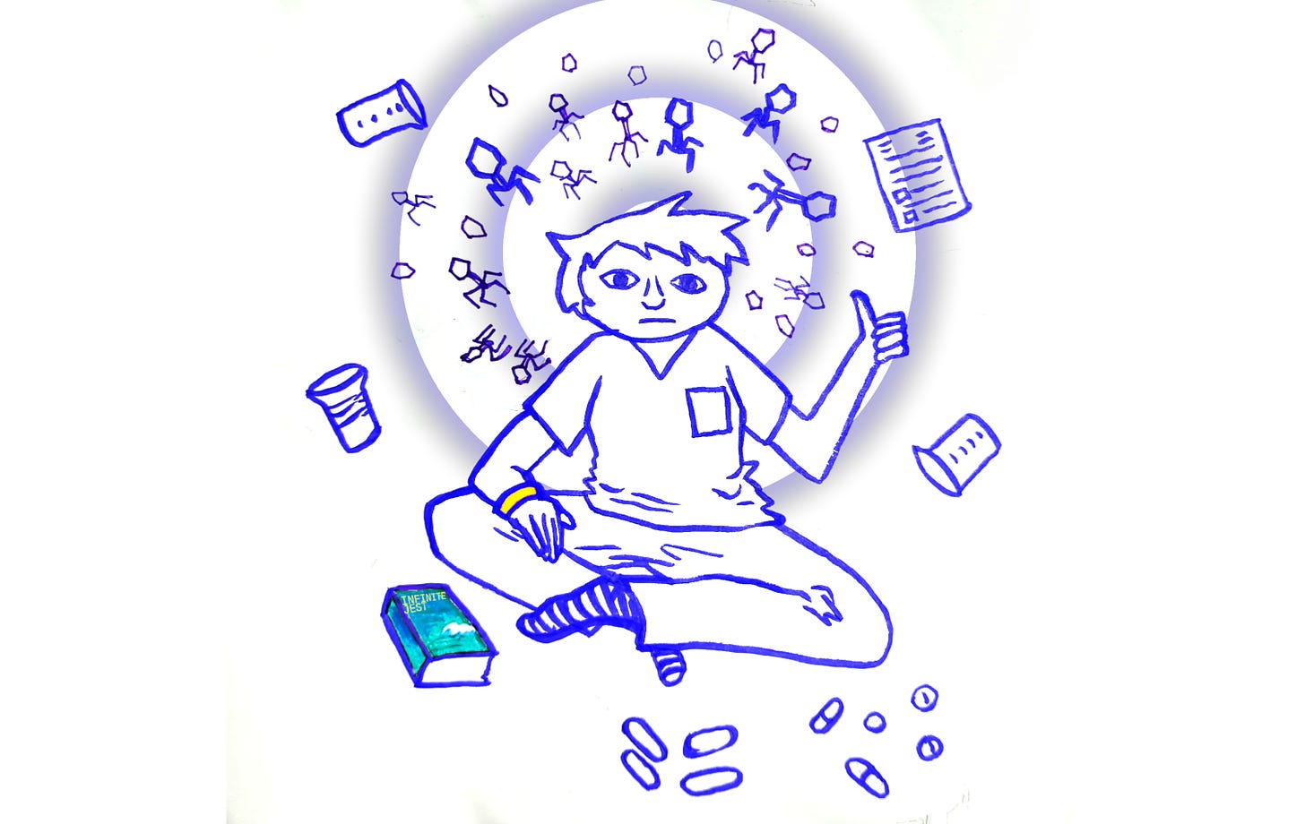 Drawing of the author wearing hospital scrubs surrounded by a halo of bacteriophages and floating beakers, a form, a cup, pills, bacillus bacteria, and a copy of Infinite Jest.