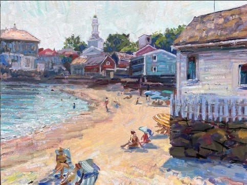 A painting of a beach with buildings and a church

Description automatically generated