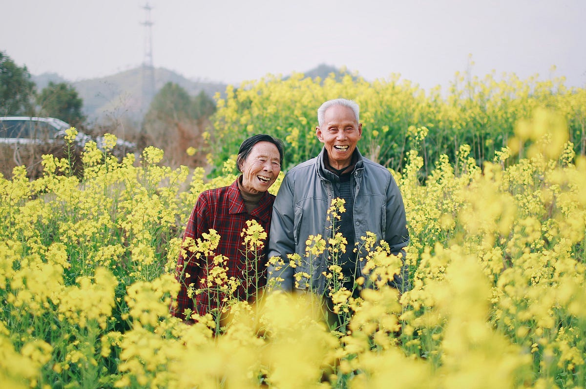 An older Asian couple in a meadow