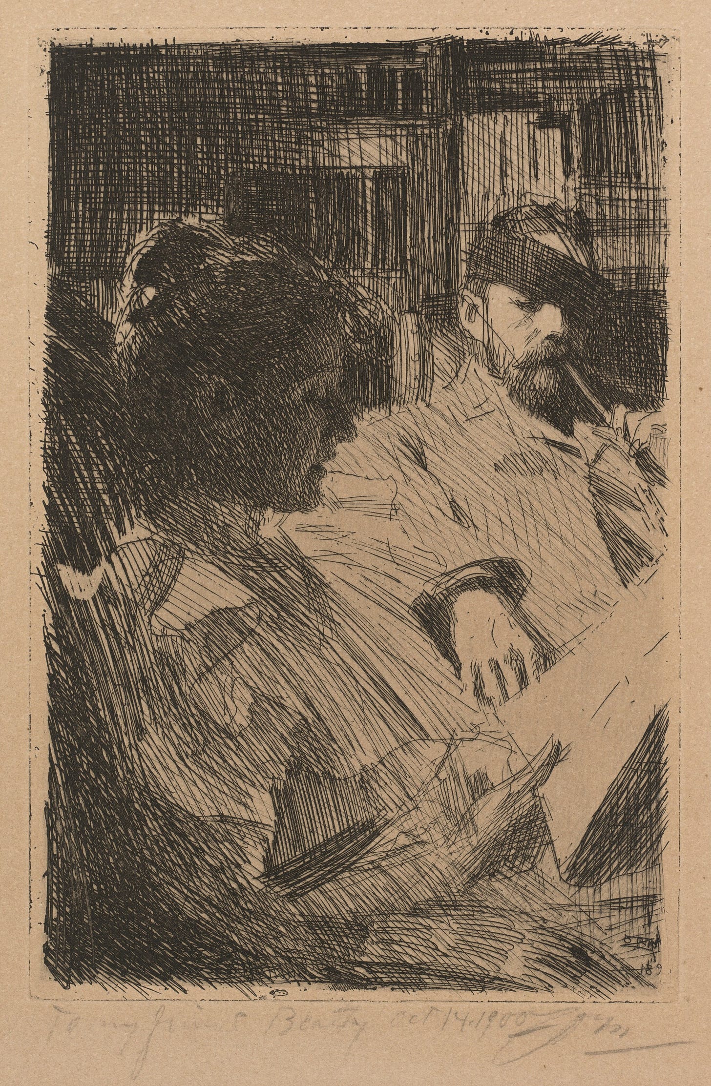 1893 sketch of a woman reading while a man listens across the room