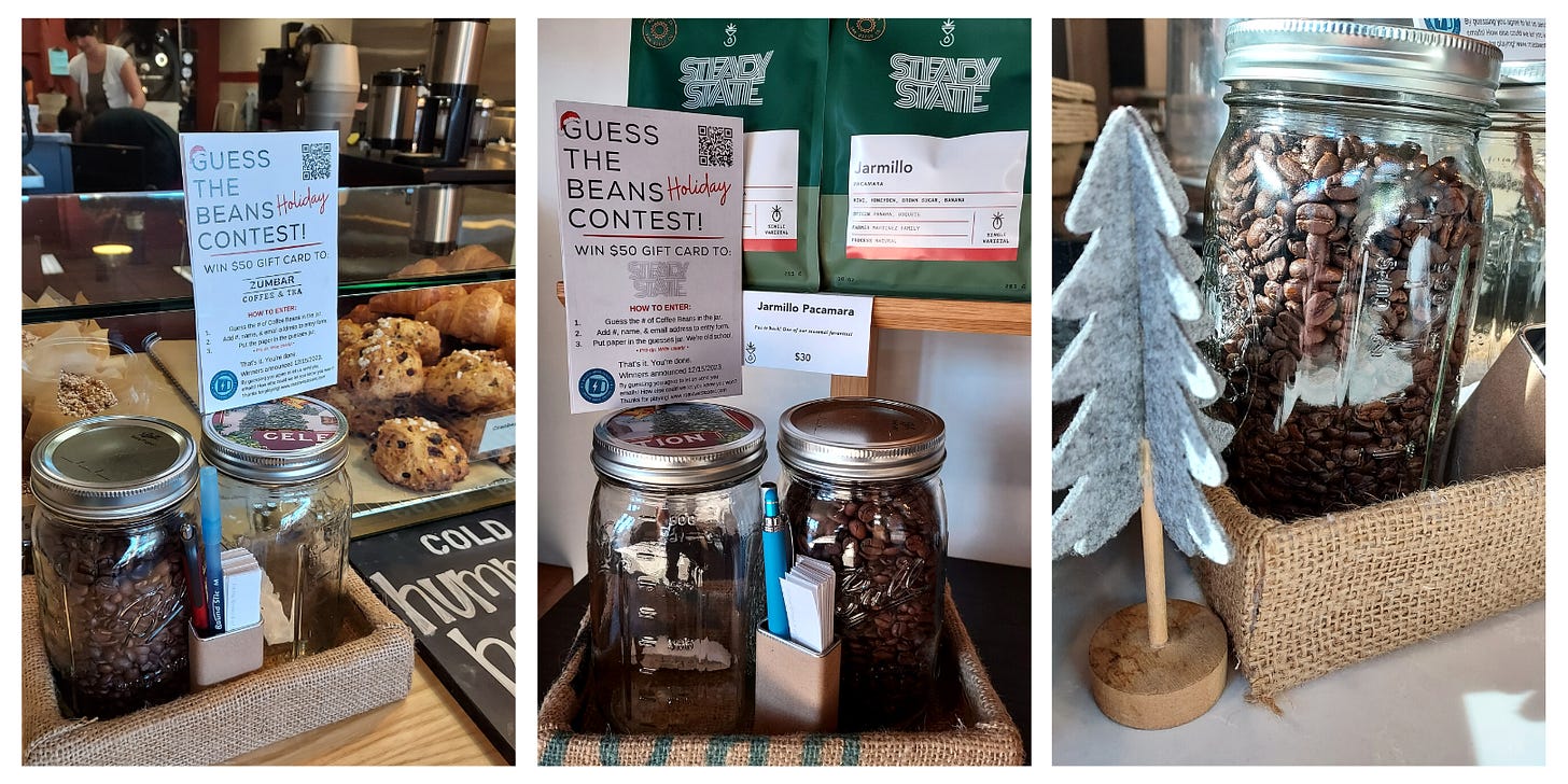 Three side-by-side-photos of coffee beans in a glass Ball jar with a sign sticking up that says Guess The Beans Holiday Contest. Various coffee shop items like pastries and coffee bags are in the backgrounds.