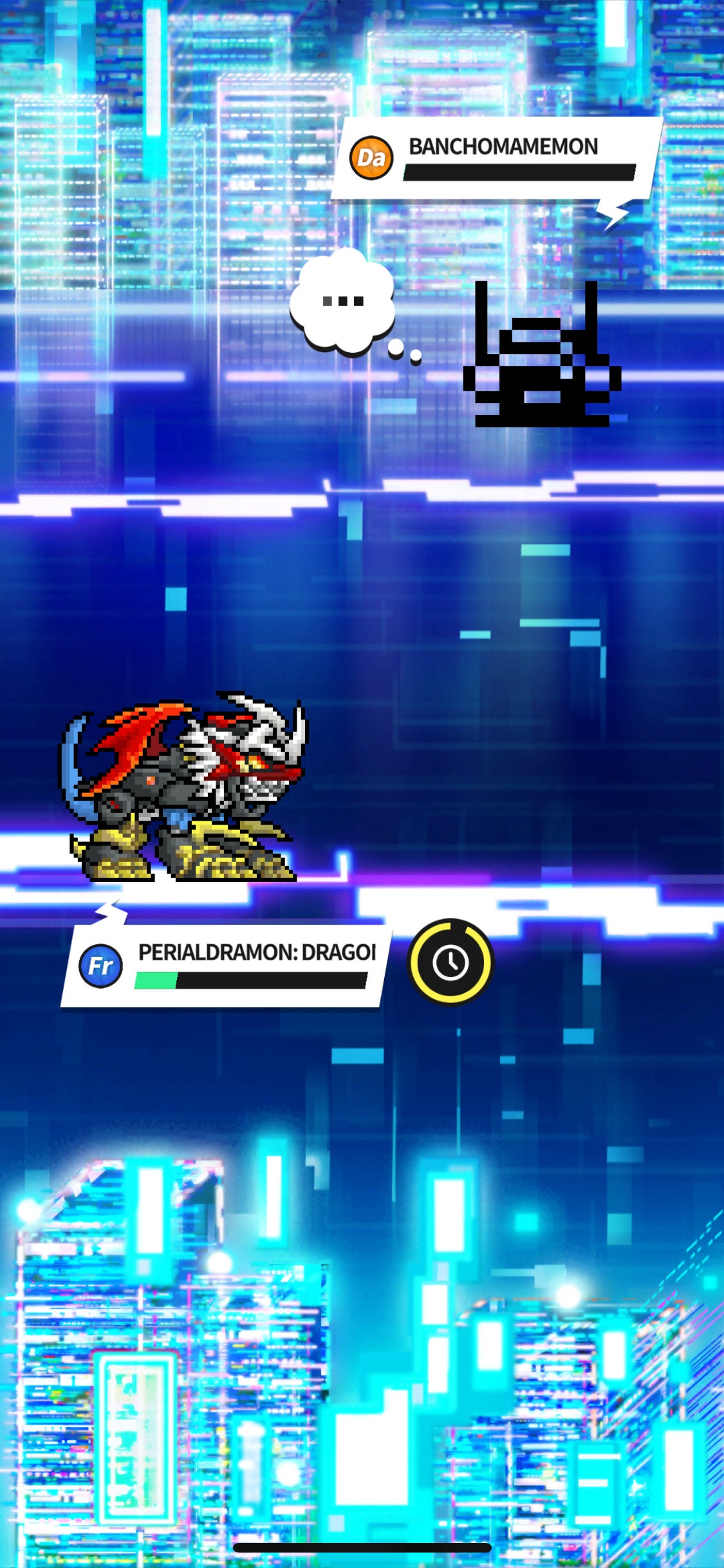 Imperaldramon and Banchomamemon battling in the app