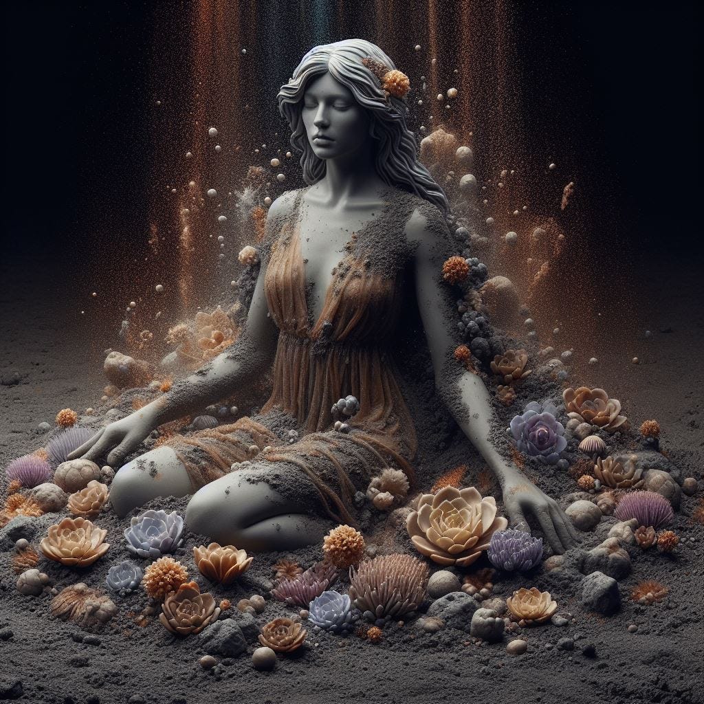 Hyper realistic grey ceramic woman in sitting in brown dress made of dirt in dirt and mud. dirt covered earth with woman. dirt is brown and tan and amber and purple blue grey.there is gold. tiny cream and light purple mycellium, Sempervivum spp. (Hens and Chicks)  transluscent energy waves emenate out from her.Fiery red sky lava bombs and laze and vog from lavaflow. Ethereal . Luminescent