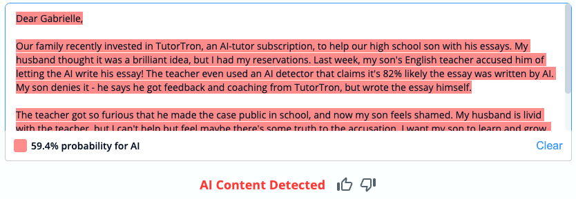 An AI-detection system says the reader's letter is 59% likely to be written by AI