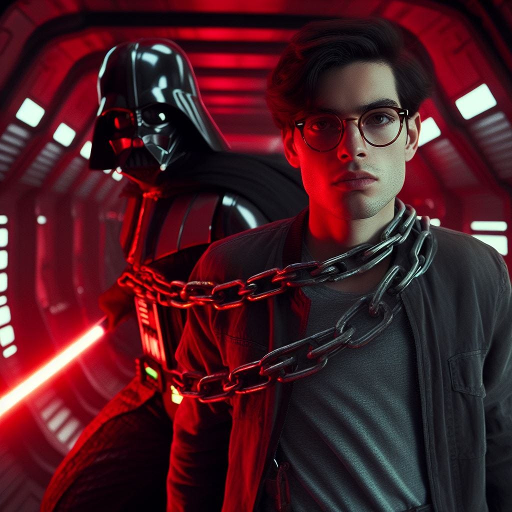 "Star Wars screenshot, open matte. Two figures are linked together by a chain inside a spaceship's quarters. Darth Vader, red lightsaber out, has a chain linking him to a second party in the back of the shot, wrapped around them both. The second figure is a young italian human man with dark hair wearing rectangular glasses and a dark grey jacket with a grey shirt underneath. Dynamic action shot with red lighting."