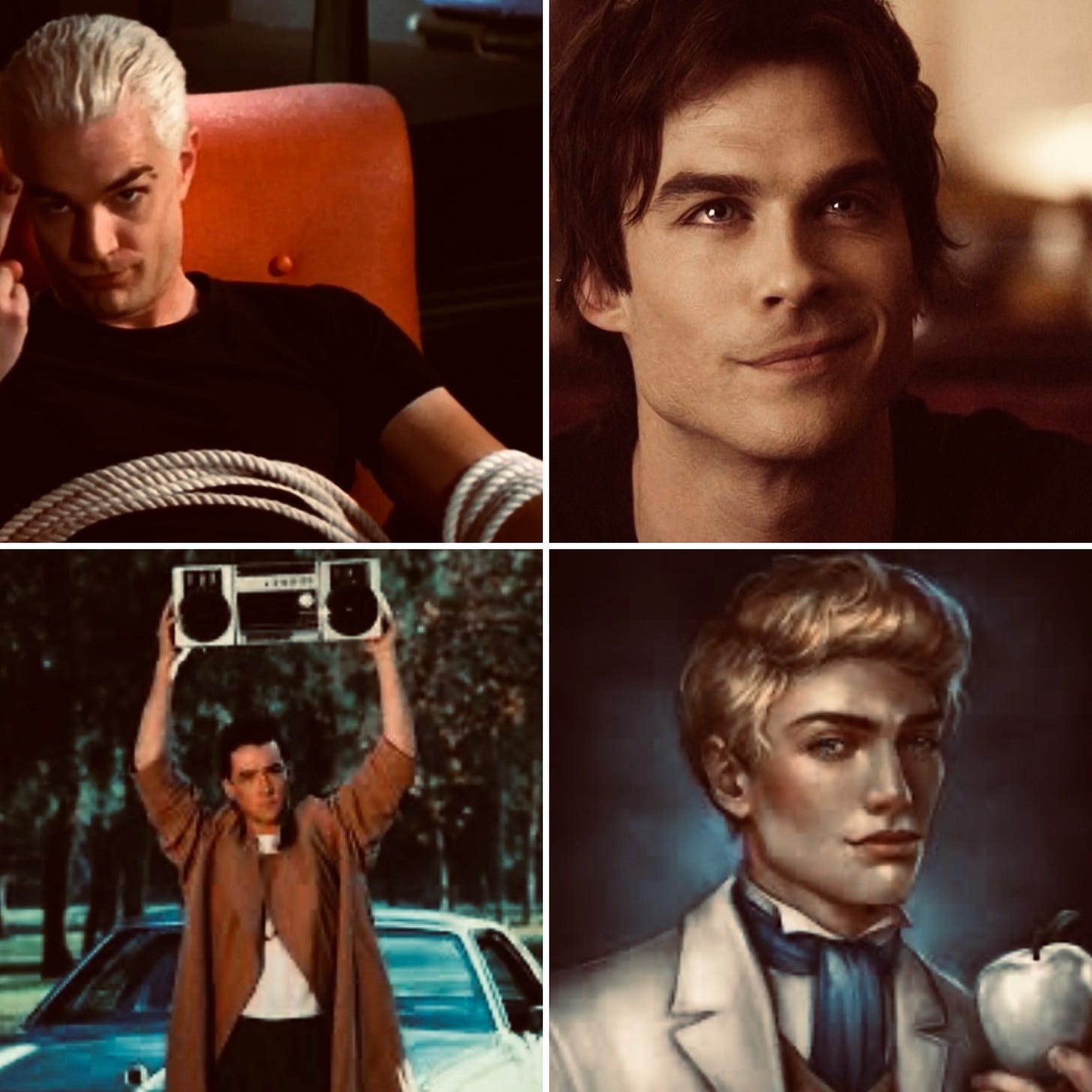 Four pictures: Spike from Buffy the Vampire Slayer, Damon from The Vampire Diaries, Lloyd from Say Anything, and Jacks from Once Upon a Broken Heart