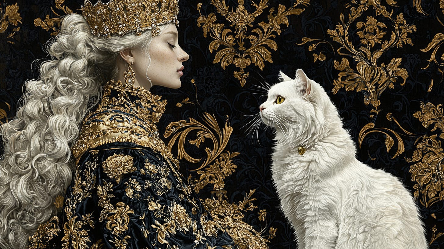 A noble queen with flowing hair adorned with a crown, her white cat sitting calmly beside her, their matching gazes commanding attention. --ar 16:9 --sref 3896264700