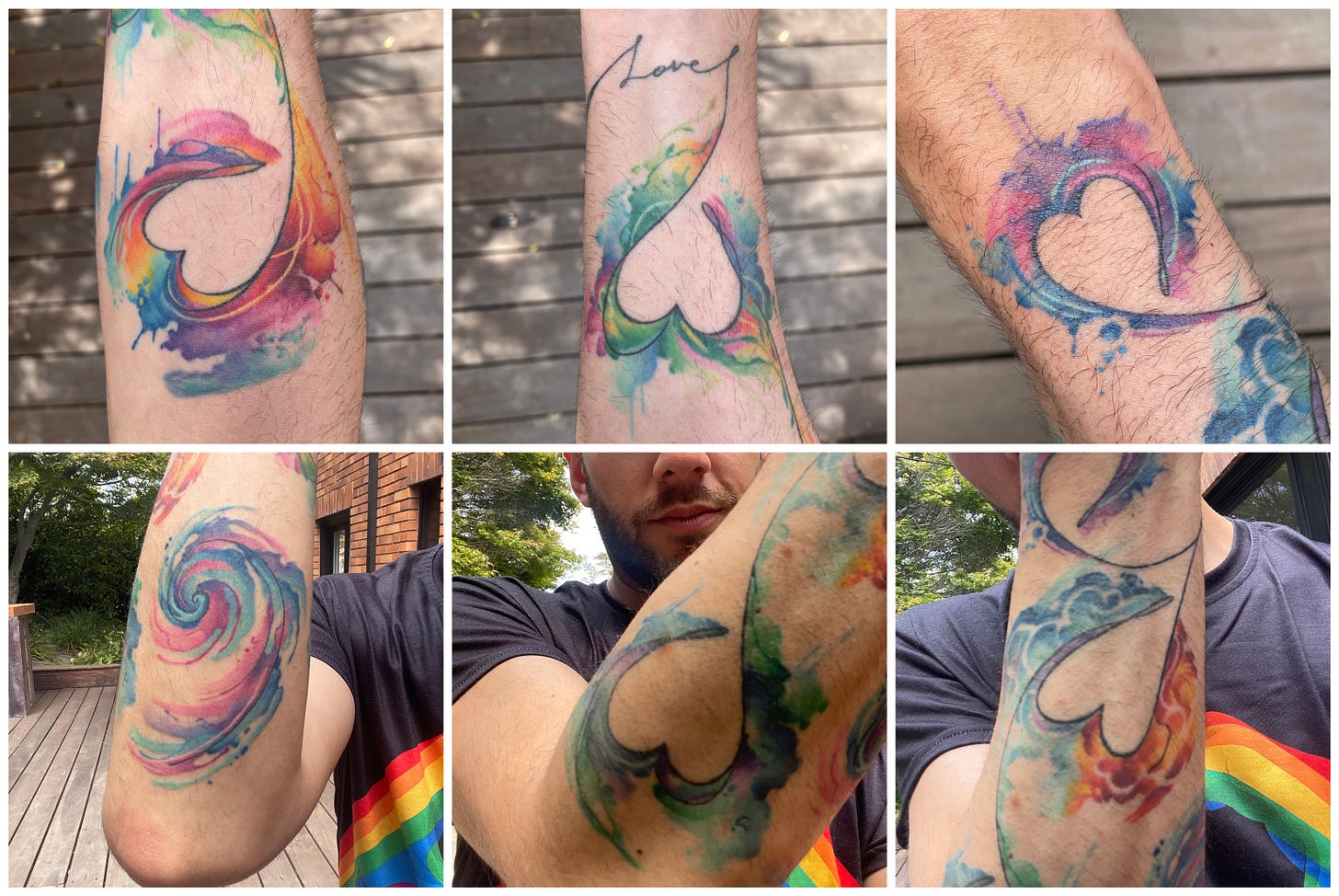 The six pieces of my tattoo, shown in order: Fire, Earth, Love, Universal Growth, Water, and Air