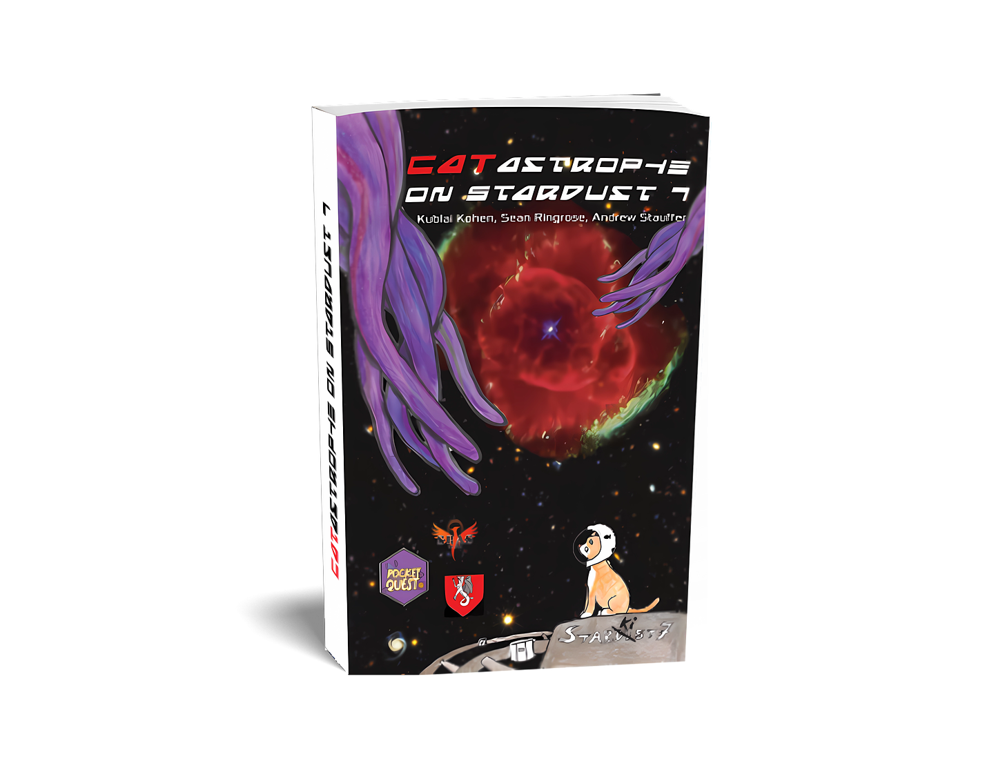 An orange cat on top of a spaceship looking up at purple tentacles with a red super nova in the background.